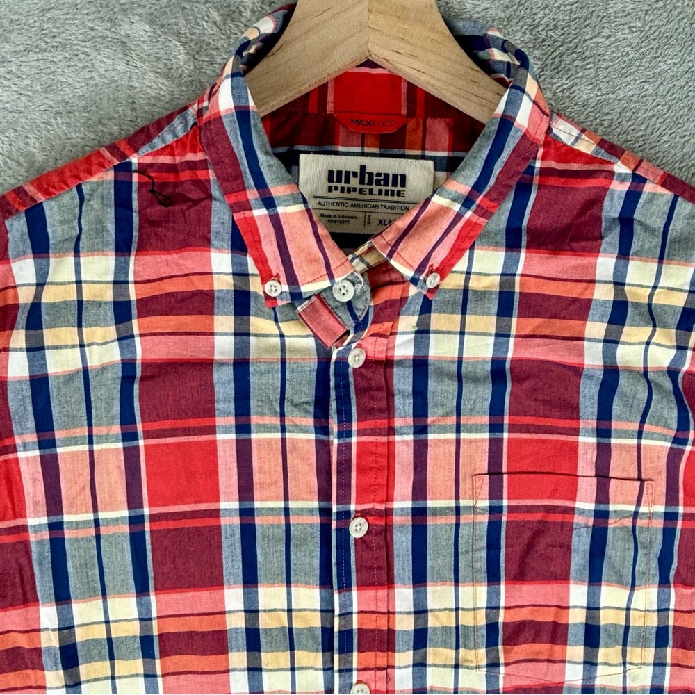 Urban Pipeline Shirt Mens XL Maxflex‎ Red Yellow Plaid Short Sleeve Stretch